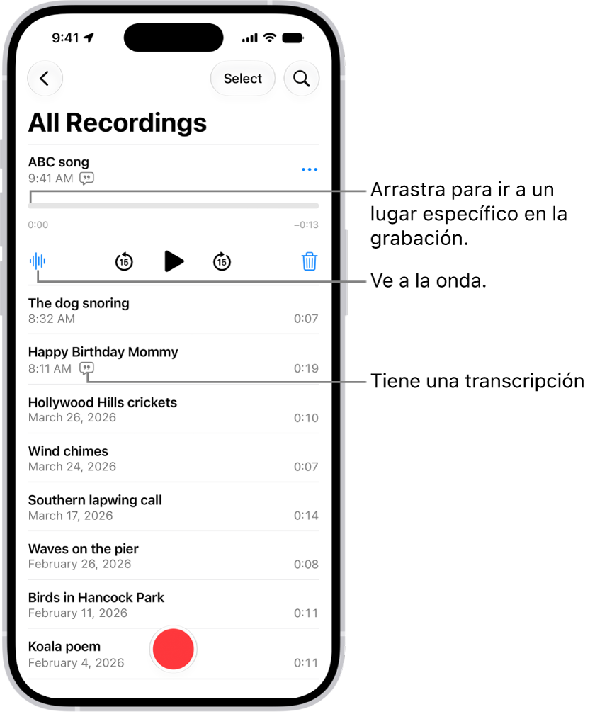 La pantalla de Notas de Voz con una grabación seleccionada en la parte superior. La línea del tiempo de la grabación tiene un cursor de reproducción, que puedes arrastrar para ir a un punto específico de la grabación. Los controles de reproducción se encuentran debajo de la línea del tiempo.