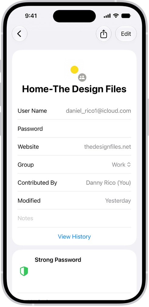 The Passwords app showing details for an account, including User Name, Password, and Website.