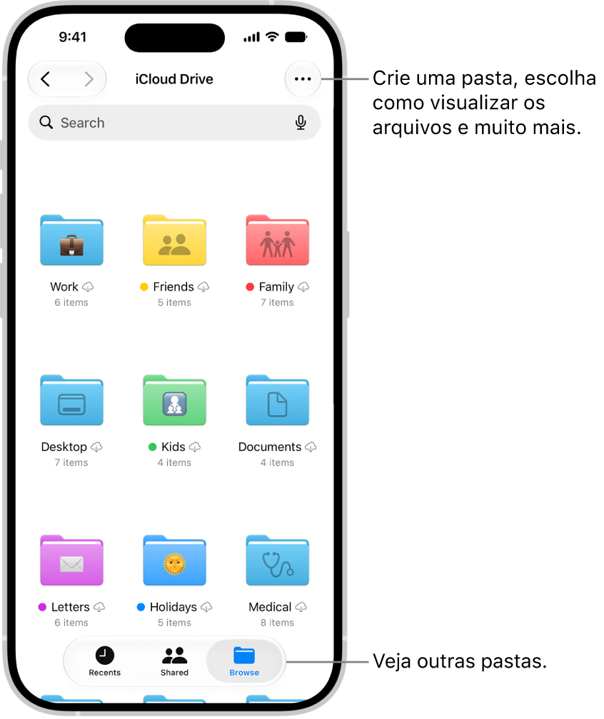 O app Arquivos mostrando os arquivos e pastas no iCloud&nbsp;Drive. O menu Mais tem opções para selecionar itens, criar uma nova pasta, escanear documentos e conectar ao servidor. Abaixo disso estão as opções para visualizar itens na tela como Ícones ou Lista. Na parte inferior encontram-se as opções de ordenação Nome, Tipo, Data, Tamanho e Etiquetas, seguidas por Ver Opções.