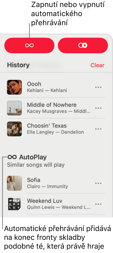 V&nbsp;pravém horním rohu okna Apple&nbsp;Music se zobrazuje historie. Zobrazí se také oddíl Automatické přehrávání.