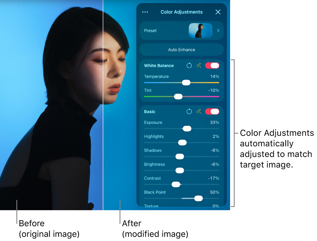 Split-view comparison of a photo in the canvas with and without the Match Color adjustment applied.