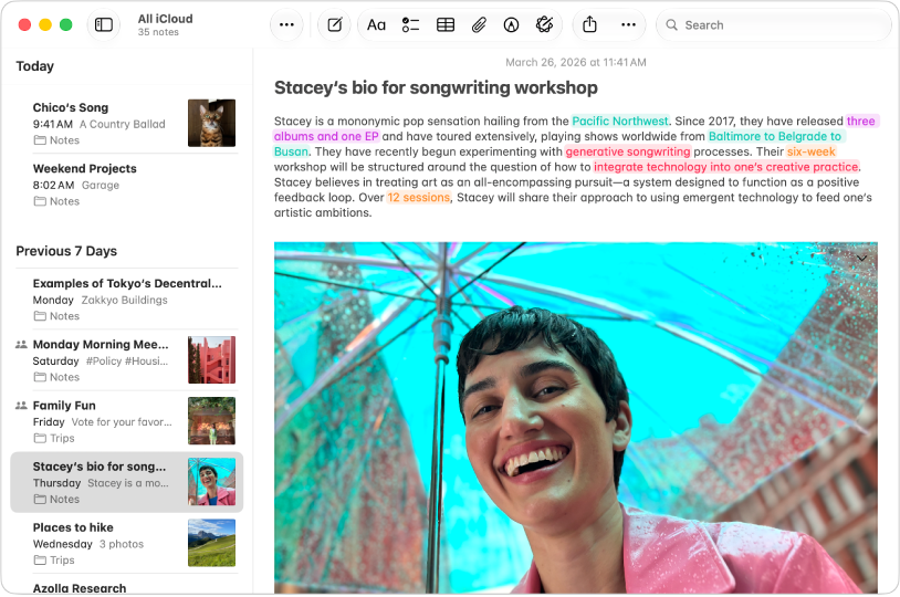 A Notes app window on Mac showing different colored highlights.