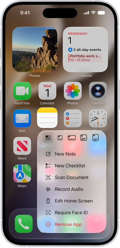A blurred Home Screen, with the Camera Quick Actions menu showing below the Camera app icon.