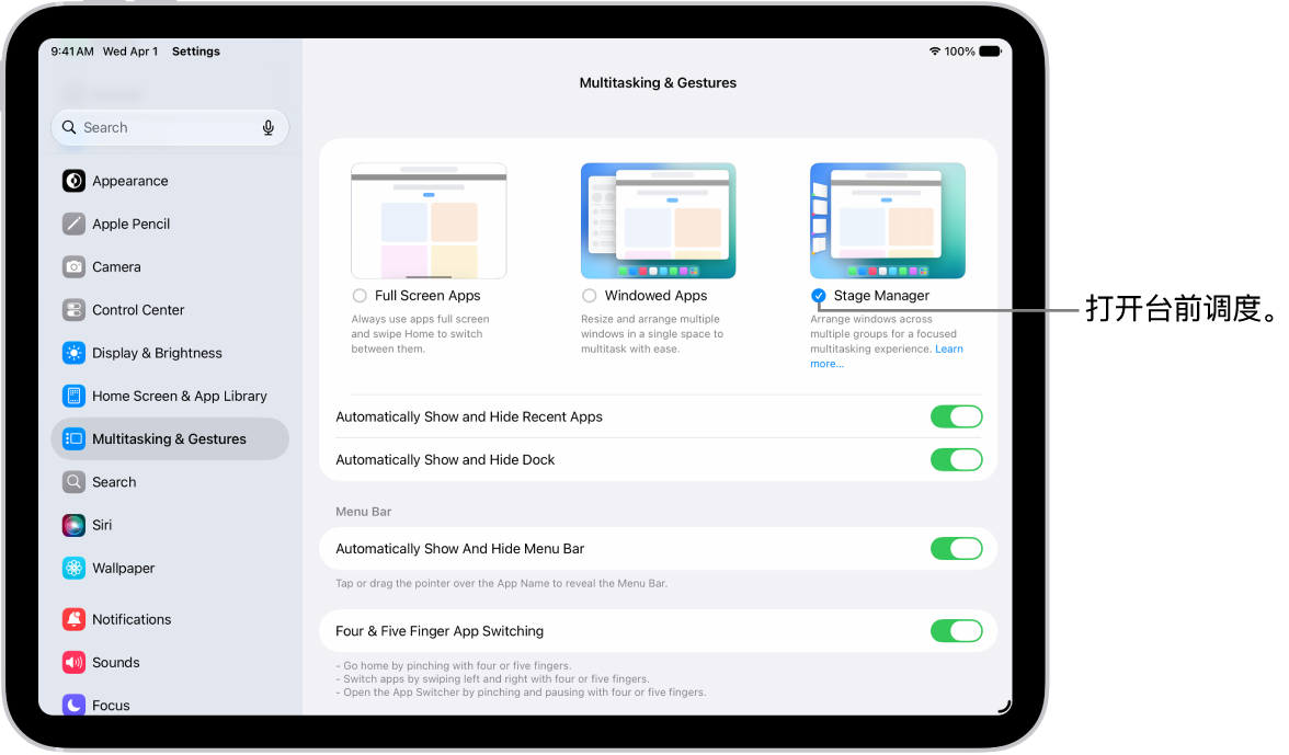 iPad 上的“设置” App 显示你可选取在多个 App 中工作时使用的“多任务与手势”选项。