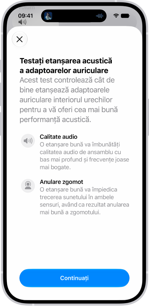 Un ecran de iPhone afișând un test pentru măsurarea etanșării acustice a căștilor AirPods Pro 3.