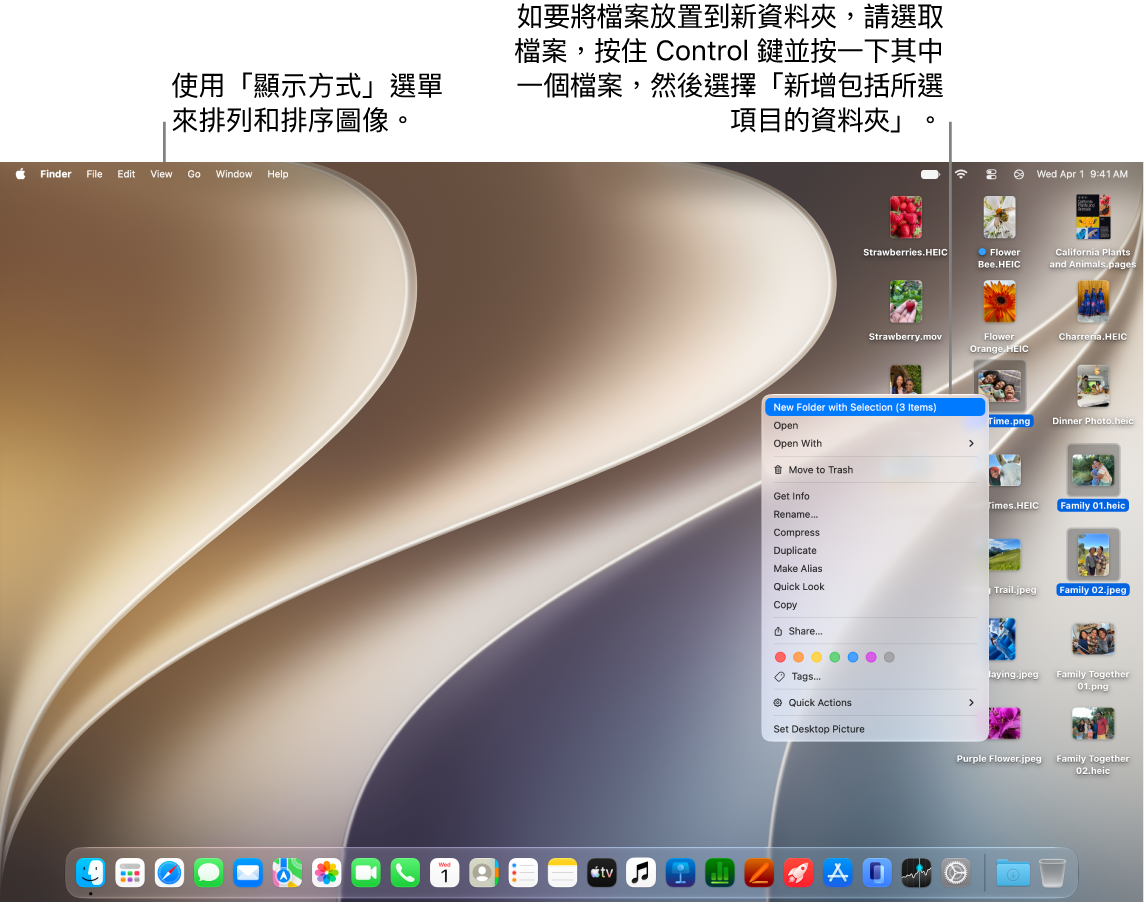 Mac 桌面顯示背景圖片、位於最上方的選單列，以及 Dock，其位於