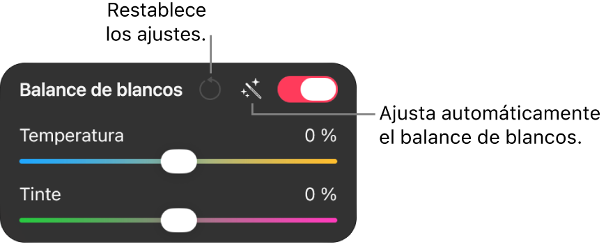 Los controles de balance de blancos en el panel “Ajustes de color”.