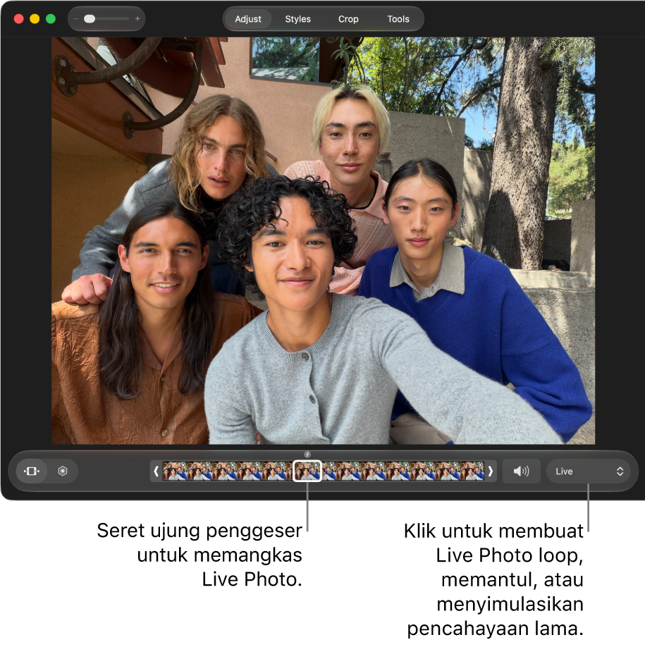 Live Photo dalam tampilan pengeditan dengan penggeser di bawahnya menampilkan bingkai foto. Di sebelah kanan penggeser terdapat tombol Speaker dan menu pop-up yang dapat Anda gunakan untuk menambahkan efek loop, memantul, atau pencahayaan lama.