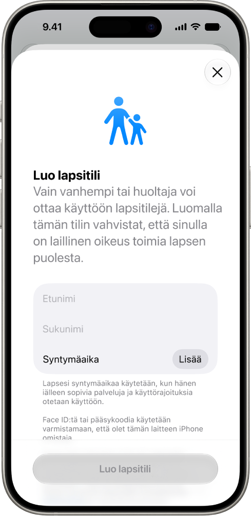 Luo lapselle tili -näyttö, jossa näkyy vaihtoehtoja etunimen, sukunimen ja syntymäpäivän lisäämiseksi.