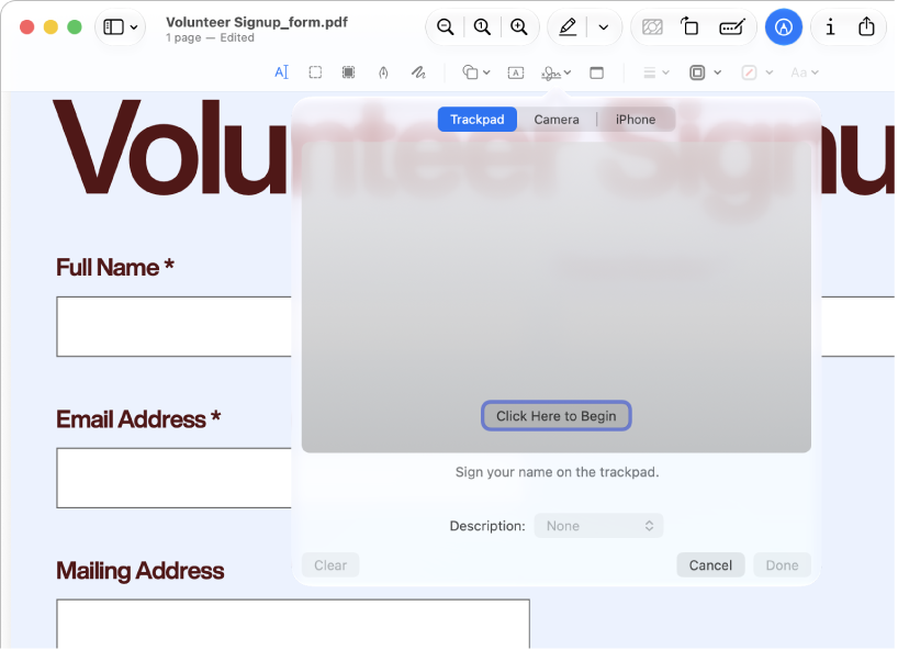 A PDF in the Preview app window, showing the signature tool.