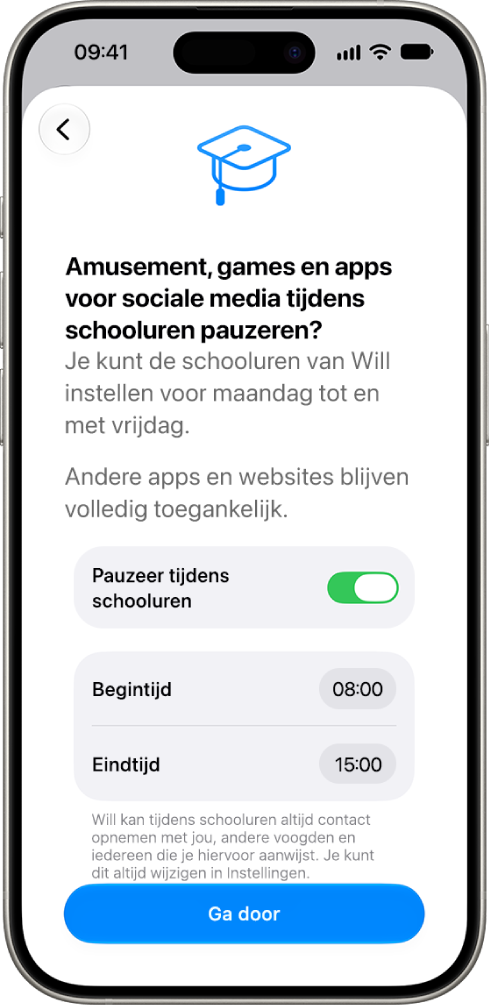 Het configuratiescherm voor ouderlijk toezicht met daarin de uren waarbinnen het apparaatgebruik tijdens schooltijd moet worden gepauzeerd.