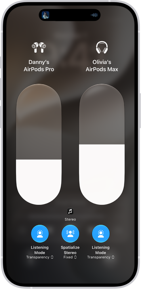 The volume screen in Control Center showing the volume level for two pairs of AirPods. Below the volume indicator on the left is the Listening Mode button, indicating that Transparency mode is on. Below the volume indicator on the right is the Listening Mode button, indicating that Transparency mode is on.