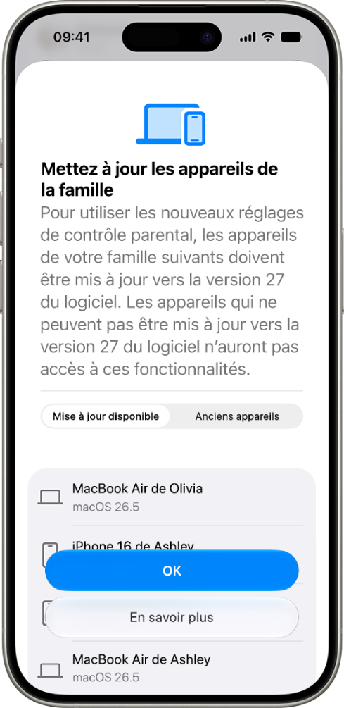 L’écran «&nbsp;Mettre à jour les appareils de la famille&nbsp;» affichant les appareils à mettre à jour et les appareils obsolètes.