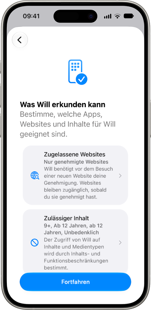 Der Einrichtungsbildschirm der Kindersicherung mit Optionen für die Art der zugänglichen Inhalte wie Apps und Websites.