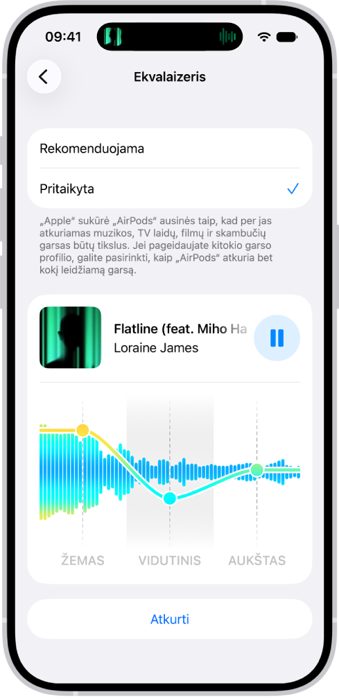 „iPhone“ ekranas, kuriame rodomas į „Pasirinktinį“ nustatytas ekvalaizeris, žemiau matyti žemųjų, vidutinių ir aukštųjų dažnių slankikliai.