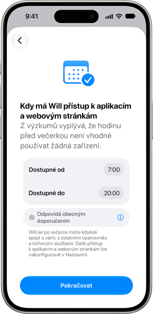 Obrazovka nastavení rodičovského dohledu s&nbsp;časy, během kterých má dítě přístup ke svému zařízení.