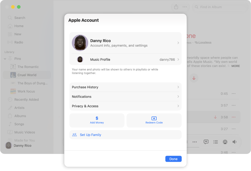 The Account dialog in Apple Music, showing the option to Set Up Family.
