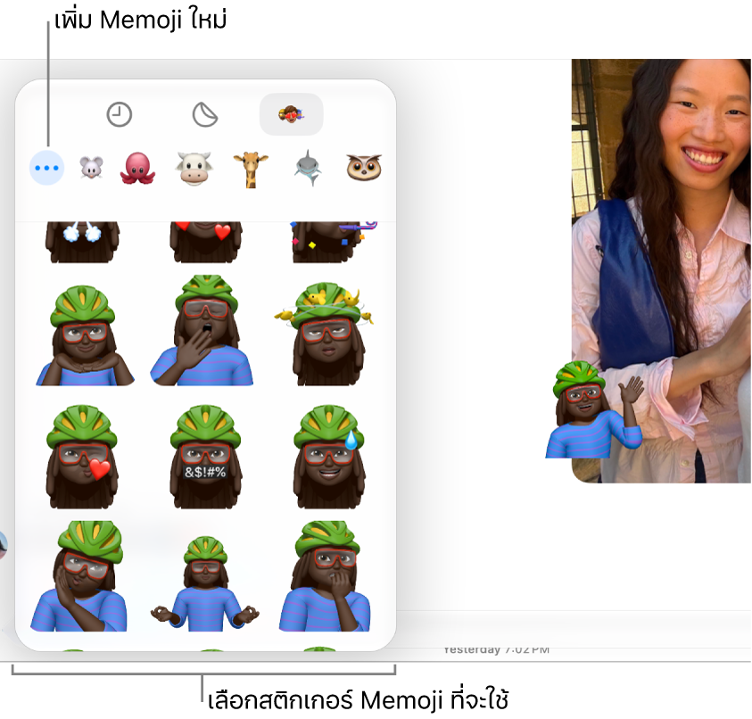 หน้าต่างข้อความที่แสดงตัวเลือก Memoji และสติกเกอร์ Memoji บนข้อความ