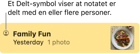 Et notat som ble delt med andre i en Meldinger-samtale, med Delt-symbolet til venstre for notatets navn.