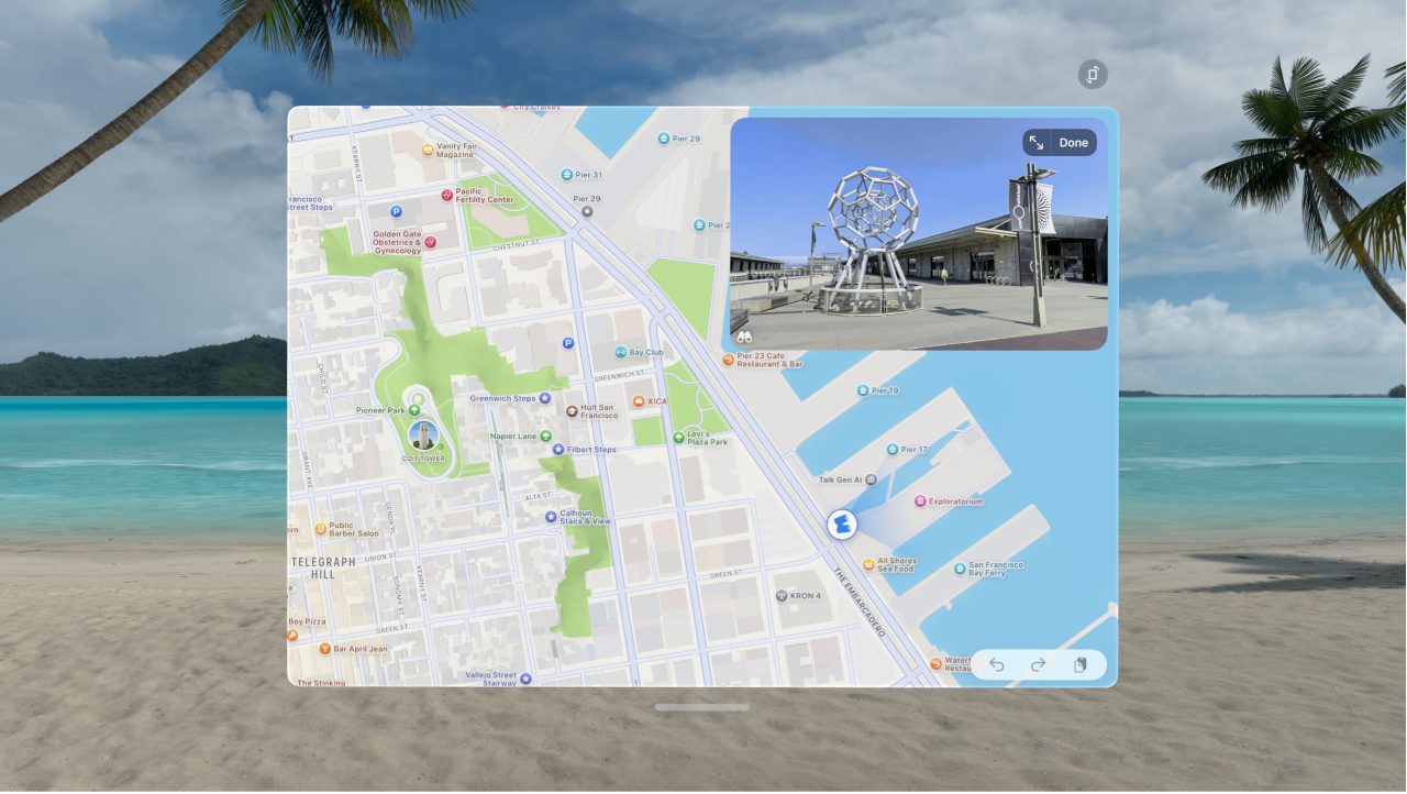 The Maps app on Apple&nbsp;Vision&nbsp;Pro, showing a place in Look Around.
