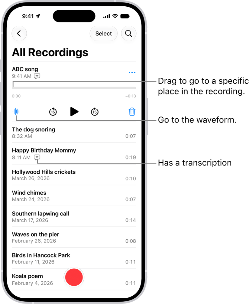 The Voice Memos list screen with a selected recording at the top. The recording timeline has a playhead, which you can drag to go to a specific place in the recording. The play controls are below the timeline.