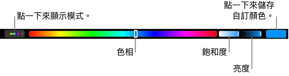 顯示 HSB 模式其色相、飽和度和亮度滑桿的觸控欄。最左側為顯示所有模式的按鈕；右側則是可儲存自訂顏色的按鈕。