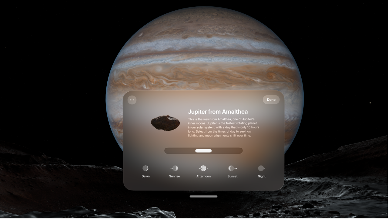The Jupiter Environment on Apple&nbsp;Vision&nbsp;Pro, with options for changing the time of day.