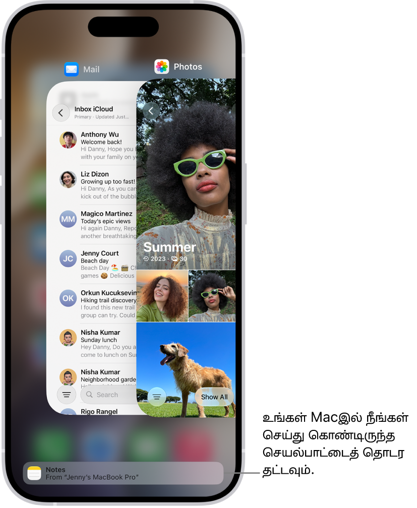 iPhoneஇல் உள்ள செயலி மாற்றியில், திரையின் கீழ்ப்பகுதியில் Handoff அறிவிப்புகள் காட்டப்பட்டுள்ளன.