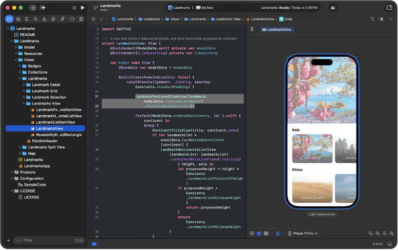 An Xcode window with a file navigator on the left, a code editor in the middle, and an app preview on the right.