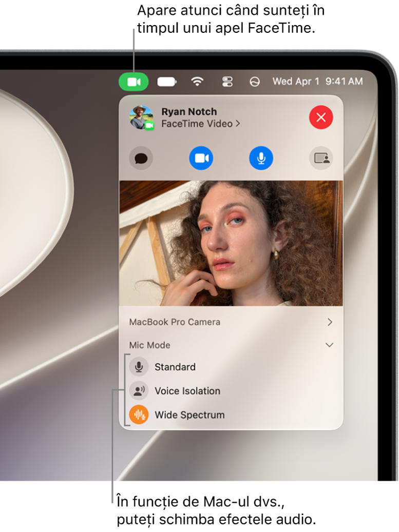 Centrul de control din colțul din dreapta sus al ecranului Mac‑ului afișând butonul Video (care apare în timpul unui apel FaceTime) și opțiunile pentru modul microfon (care schimbă efectele audio în funcție de Mac‑ul dvs.).