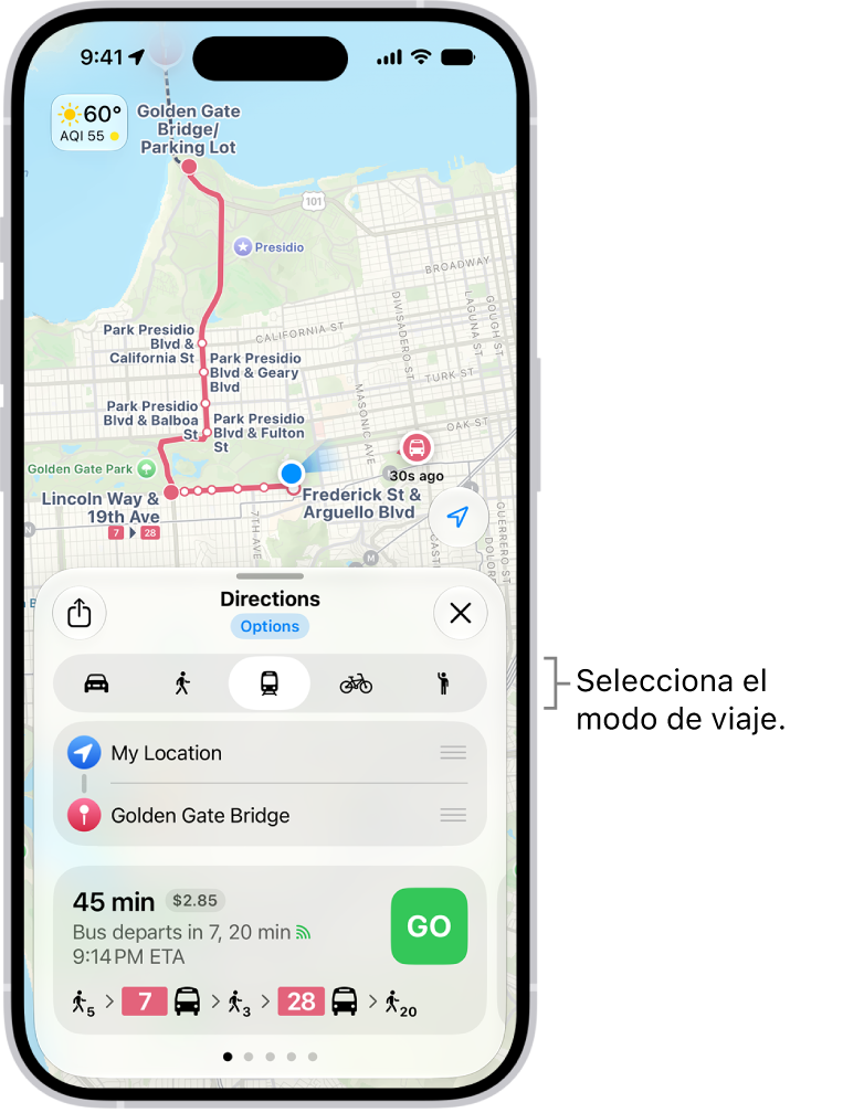 Un mapa que muestra varias opciones de ruta entre dos ubicaciones, con botones para elegir otros modos de viaje, intercambiar el punto de partida y el destino, y ver las direcciones como una serie de pasos.