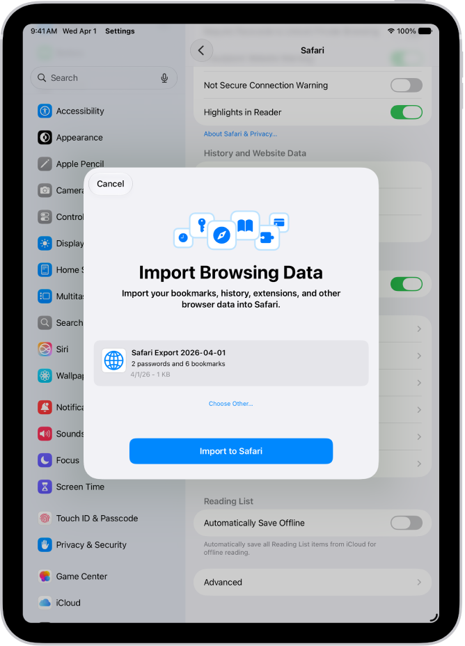 Der Bildschirm „Browsingdaten importieren“ mit der CSV-Datei mit Passwörtern von einem anderen Passwortmanager, die importiert werden soll.