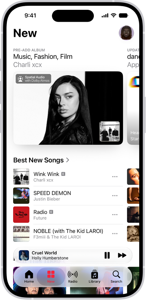The New tab showing a new album at the top. You can swipe left to see more featured music and videos. The Best New Songs section appears below. You can swipe up on the screen to explore new and recommended music.