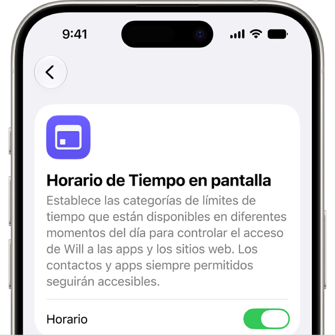 La pantalla Horario de Tiempo en pantalla.