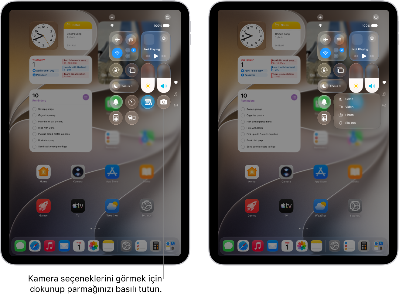 iPad Denetim Merkezi. Wi-Fi + Cellular iPad modellerinde, Uçak Modu, hücresel veri, Wi-Fi ve Bluetooth denetimleri Denetim Merkezi’nin sol üst grubunda yer alır. Kamera denetimi Denetim Merkezi’nin sağ alt tarafındadır. Sağdaki ekran, Kamera Denetimi’ni basılı tuttuğunuzda görünen hızlı menü seçeneklerini gösteriyor.