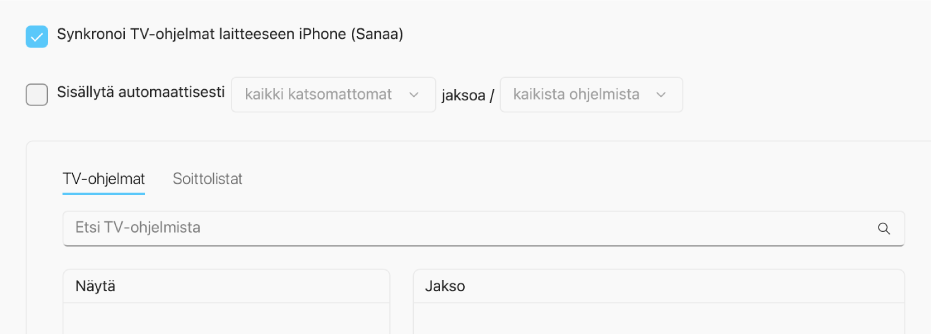 Synkronoi TV-ohjelmat laitteeseen ‑valintaneliö on valittu. Sen alla oleva Sisällytä automaattisesti ‑valintaneliö on myös valittu. Sitä seuraavissa ponnahdusvalikoissa on valittu ”kaikki katsomattomat” ja ”kaikista ohjelmista”.