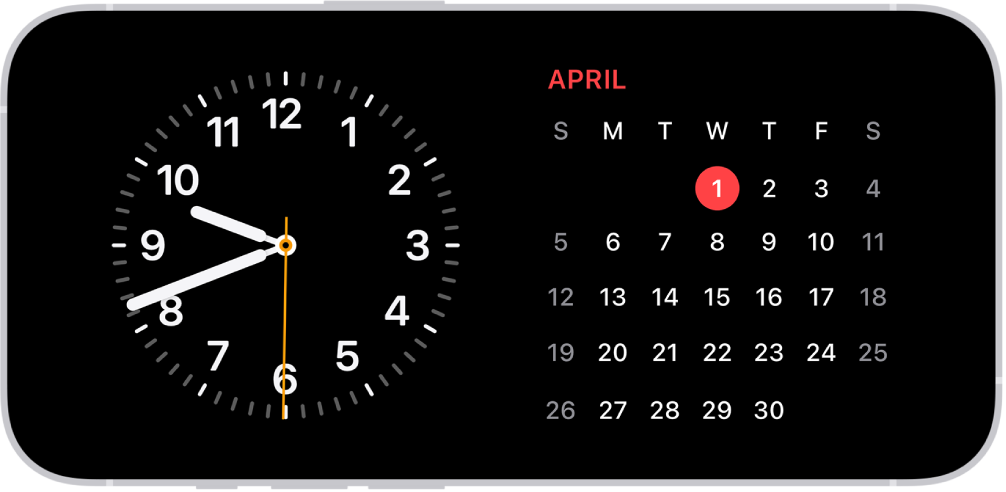 El iPhone colocado de modo horizontal. El lado izquierdo de la pantalla muestra un reloj y, el lado derecho, la fecha.