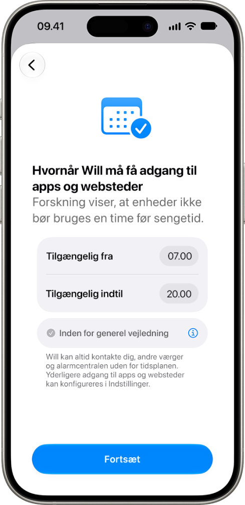Skærmen til indstilling af børnesikring viser tidspunkter, hvor et barn kan bruge sin enhed.