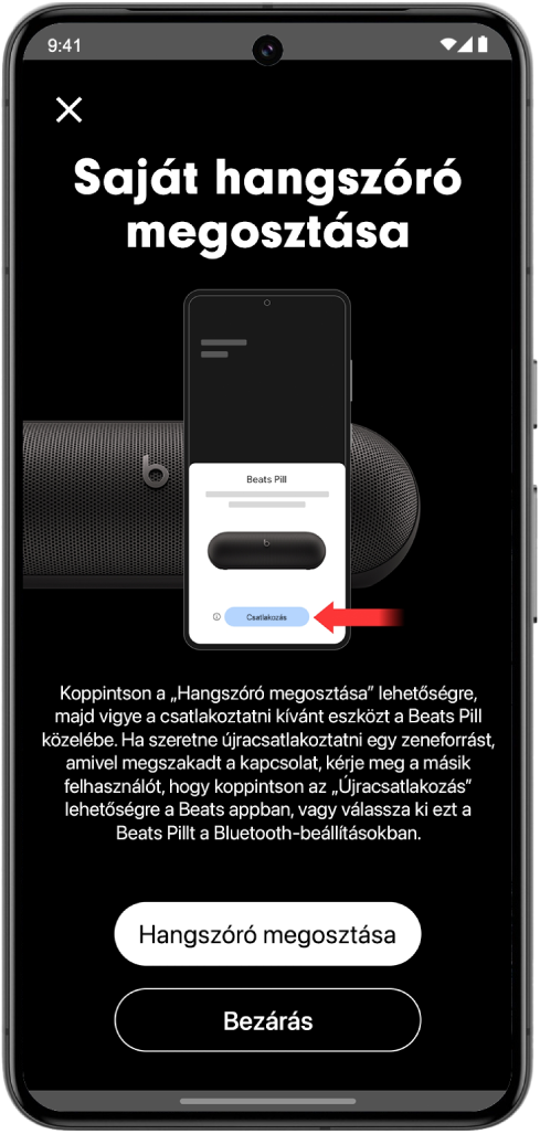A Beats&nbsp;app Saját hangszóró megosztása képernyője a Hangszóró megosztása és a Bezárás gombokkal.