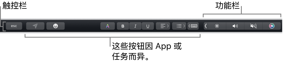 横贯键盘顶部的触控栏，显示右侧折叠的功能栏，按钮因 App 或任务而异。