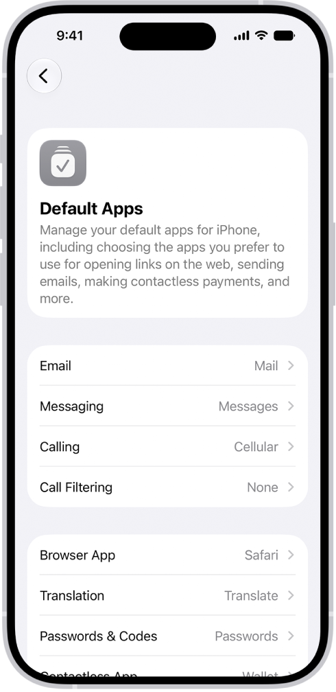 The screen for changing your default apps for sending email, browsing the web, and more.