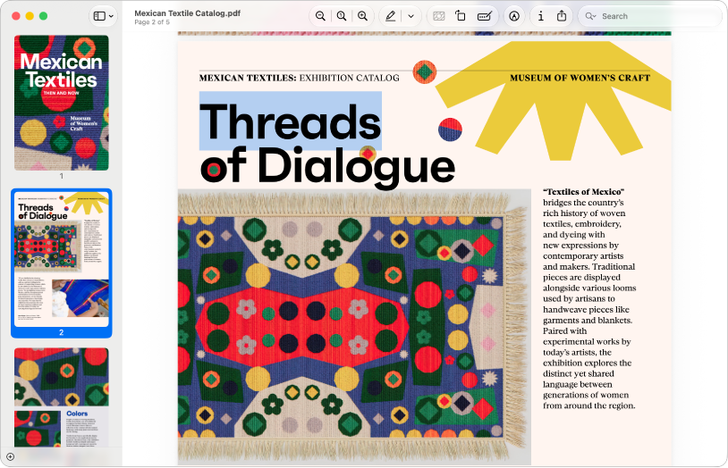 A Preview window showing a PDF, with page thumbnails on the left.