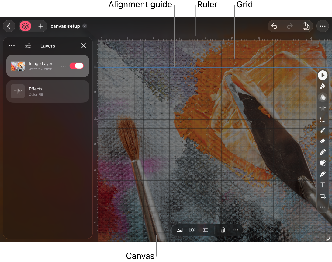 The canvas showing alignment guide, ruler, and grid overlays.