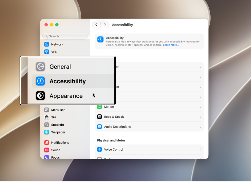 The Settings window is open on the desktop. An overlay shows a zoomed-in version of part of the window.