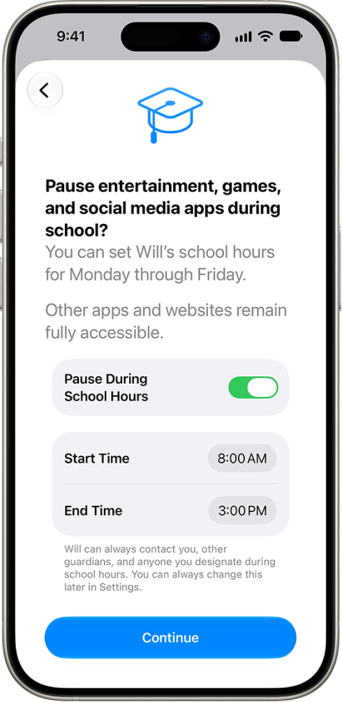 The parental controls set up screen showing hours that device use should be paused during school hours.