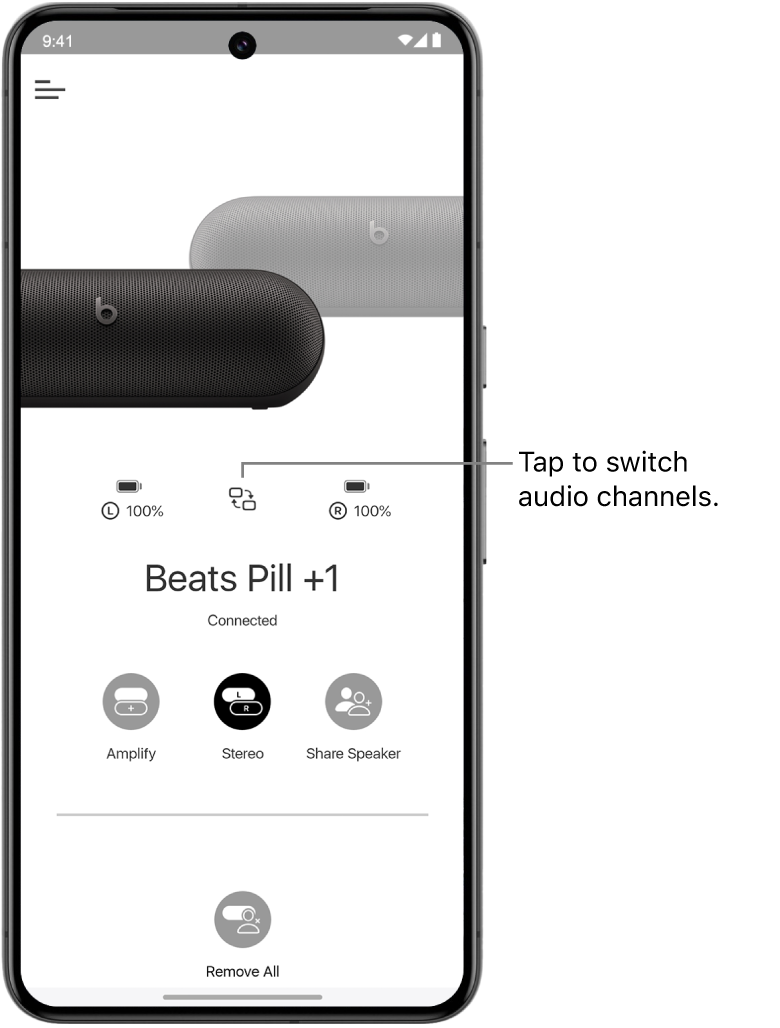 The Beats app device screen showing two connected Beats Pill speakers in a Stereo group, and the button to change channel audio channels.