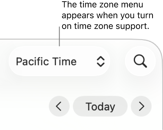 The time zone menu appears to the left of the search field because time zone support is turned on. 