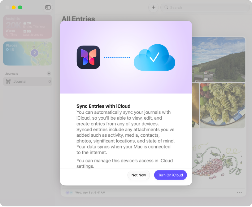A screen in the Journal app that gives the option to turn on iCloud sync.