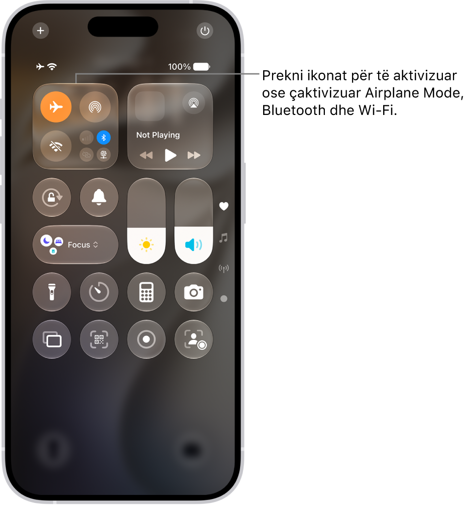 Ekrani Control Center që tregon se prekja e butonit lart majtas aktivizon Airplane Mode.