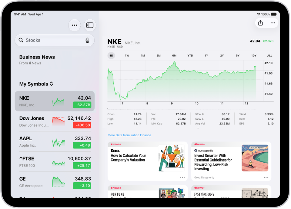 The Stocks screen on iPad includes a chart showing the performance for a stock over the course of a morning. On the left are a list of ticker symbols. Above the chart are buttons to display the stock performance over a week or larger increments of months and years, up to 10 years. Below the chart are stock details such as opening price, high, low, and market cap, and links to business-related news.